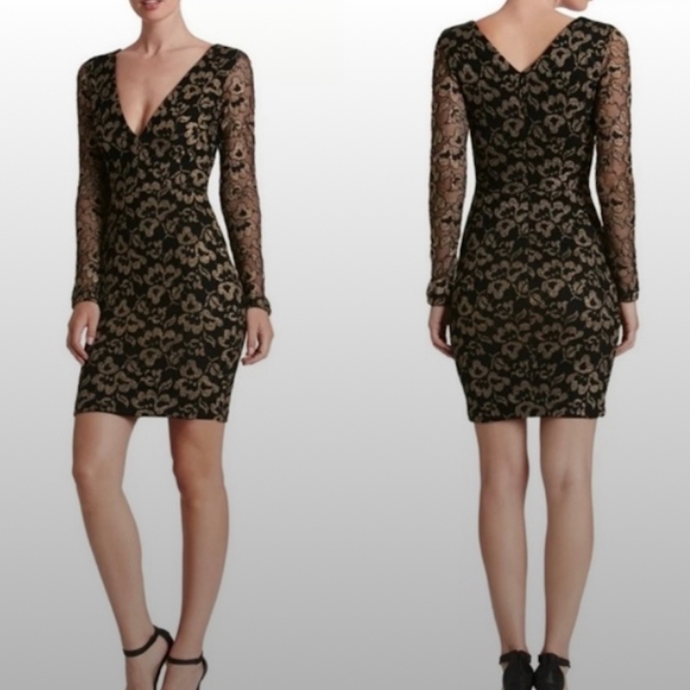 Dress The Population Erica black gold lace long sleeve mini dress plunge XS